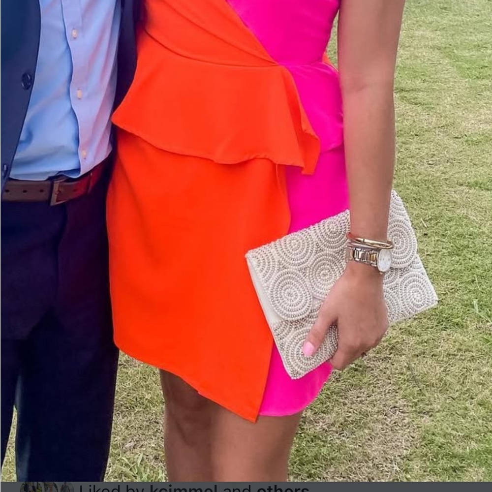 C. Luce Orange and Pink One Shoulder Peplum Cocktail Dress